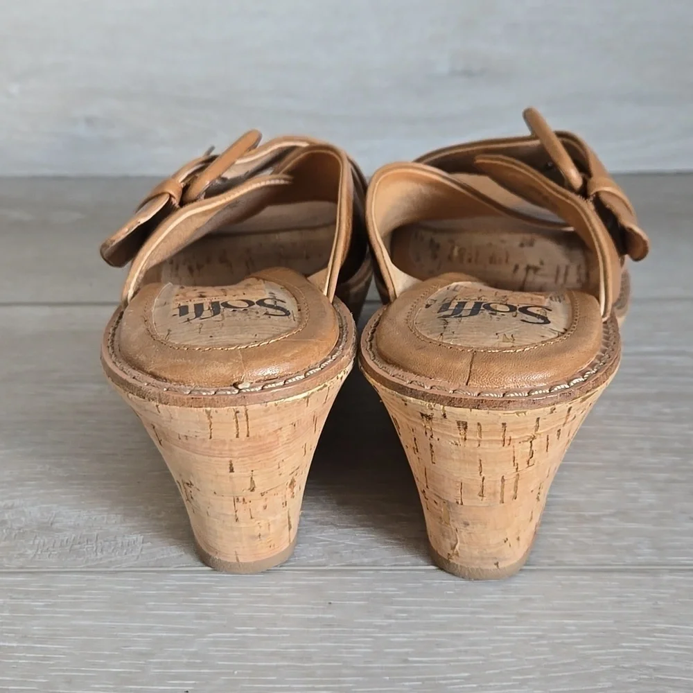 Sofft Women Leather Stylish Tan Wedge Sandals Shoes 7.5M